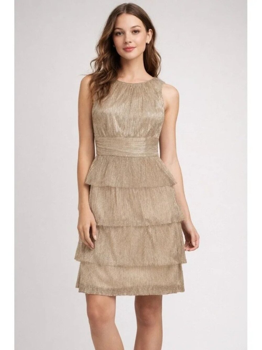 Maggy London Metallic Beige Tiered Sleeveless Dress Size 8